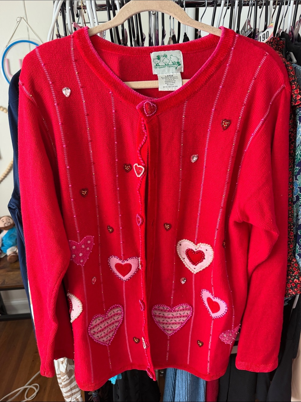 Quacker Factory Red Heart-Appliqué Cardigan